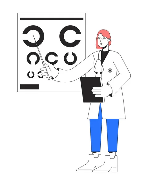 女性眼科医生与眼表平行线颜色矢量字符 可编辑的简单轮廓全身上下都是白人 用于网页平面设计和动画的视觉敏锐性卡通点画 — 图库矢量图片