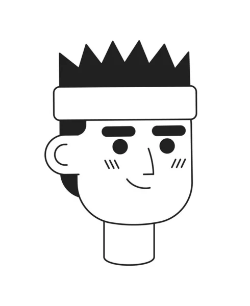 笑容满面的男人 头戴运动帽带单色扁平矢量头 可编辑的黑色白色卡通片面对情感 手绘线墨点画 用于网页平面设计 动画制作 — 图库矢量图片