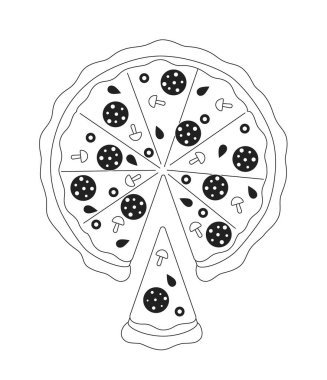 Tek renkli düz vektör objeyle dilimlenmiş pepperoni pizzası. İtalyan restoranı, pizzacı yemeği. Beyaz üzerine düzenlenebilir ince çizgi simgesi. Web grafik tasarımı ve animasyonu için basit bw çizgi film nokta resmi