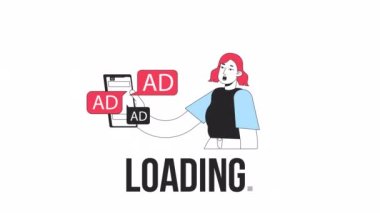 İnternette çok fazla reklam yükleyici animasyonu var. Çevrimiçi reklamcılık. 4K video görüntüsü. UI, UX web tasarımı için alfa kanal şeffaflığı ile izole edilmiş dış hat renk yükleme süreci göstergesi
