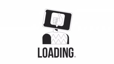 Tablet kafası bw yükleyici animasyonu. Sosyal medyada beğeni bağımlılığı. 4K video görüntüsü. UI, UX web tasarımı için alfa kanal şeffaflığı ile izole edilmiş monokrom yükleme süreci göstergesi