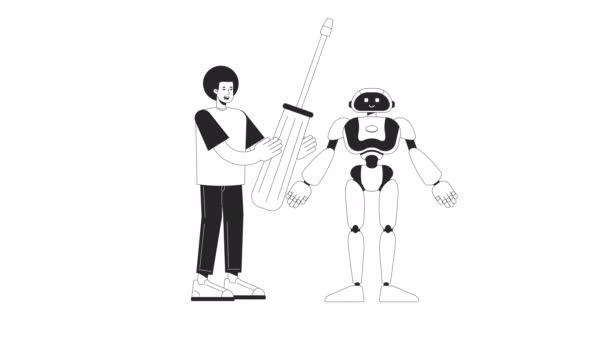 Robotika Inženýrství Animace Animovaný Robot Strojní Inženýr Nástrojem Ploché Monochromatické — Stock video