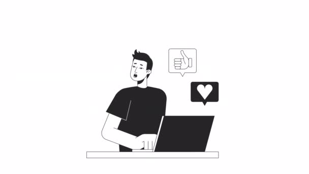 Sociální Média Přemáhají Animaci Guy Odvrací Pohled Notebooku Izolované Ploché — Stock video