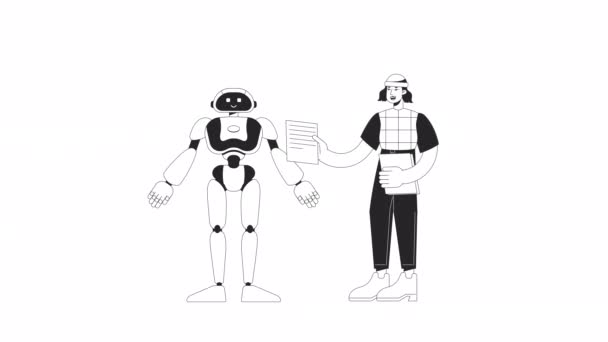 Stroj Učení Animace Animovaný Učitel Robot Ploché Monochromatické Tenké Čáry — Stock video