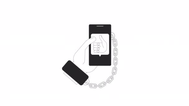 電話依存症のBwアニメーション アニメの手錠と携帯電話の2Dフラット単色の細い線を最初に手を表示します ソーシャルメディアウェブデザインのためのアルファチャンネル透明性と4Kビデオコンセプト映像 — ストック動画