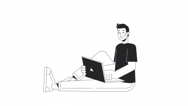 ラップトップのBwアニメーションで怖い男 ノートブックで座ってパニック男は ウェブデザインのためのアルファチャンネル透明性と白の2次元フラット単色薄いライン文字4 Kビデオ映像を隔離 — ストック動画