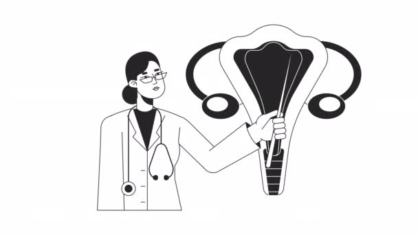 Ginecologista Feminina Animação Especialista Médica Animada Caráter Linha Fina Monocromática — Vídeo de Stock