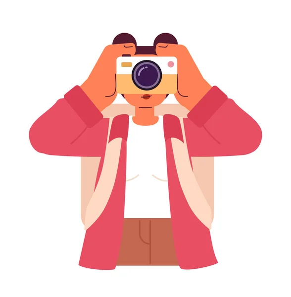 stock vector Female tourist capturing vacation memories on camera semi flat colorful vector character. Editable half body person on white. Simple cartoon spot illustration for web graphic design and animation