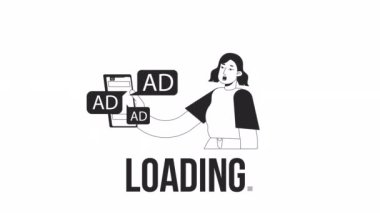 Birçok reklam çevrimiçi bw yükleyici animasyonu. Çevrimiçi reklamcılık. 4K video görüntüsü. UI, UX web tasarımı için alfa kanal şeffaflığı ile izole edilmiş monokrom yükleme süreci göstergesi