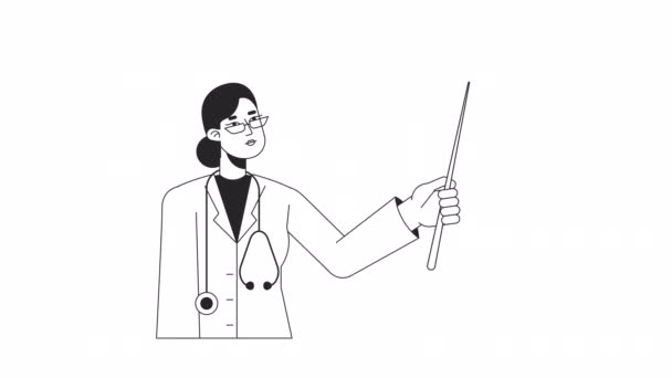 Doktorn Håller Pekaren Animation Läkare Med Stetoskop Isolerad Platt Monokromatisk — Stockvideo