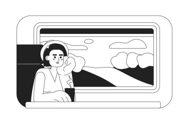 Tren yolculuğu 2D vektör monokrom izole nokta çizimi. Pencere kenarında oturan yolcu çizgi film arka planında düz elle çizilmiş karakter. Web sitesi inişi için ince satır düzenlenebilir sahne, mobil uygulama
