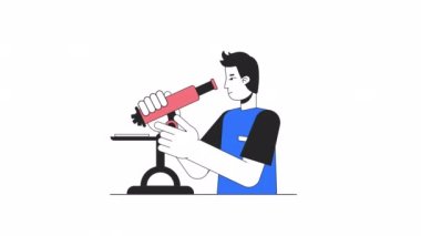 Biyolojik bilimadamı animasyonu. Mikroskop ile erkek laboratuvar çalışanı, beyaz zemin üzerinde 4K video görüntüsü ve web tasarımı için alfa kanal şeffaflığı olan 2B çizgi çizgi çizgi çizgi çizgi çizgi karakteri izole edildi