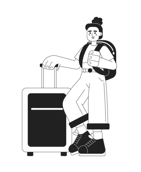 スーツケースとバックパック単色フラットベクトル文字を持つ女性旅行者 編集可能な細い線の全身の人白 ウェブグラフィックデザイン アニメーションのためのシンプルなBw漫画のスポット画像 — ストックベクタ