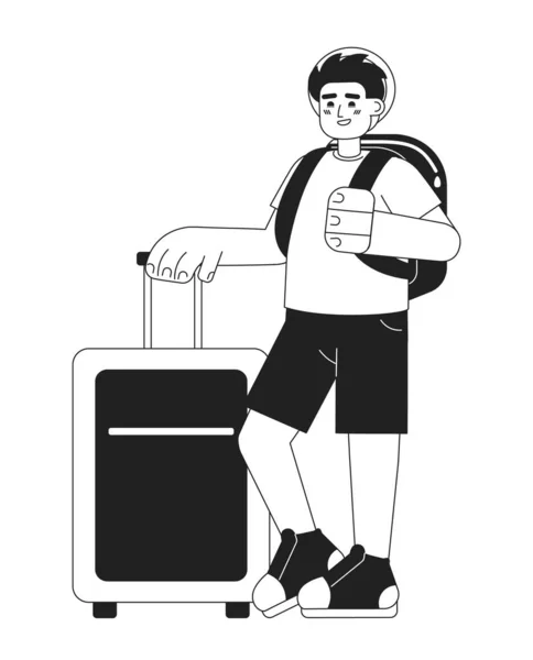 キャリーオン荷物単色フラットベクトル文字を持つ男性旅行者 卒業旅行だ 編集可能な細い線の全身の人白 ウェブグラフィックデザイン アニメーションのためのシンプルなBw漫画のスポット画像 — ストックベクタ