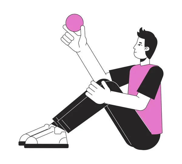 Nachdenklicher Mann Der Mit Ball Der Hand Flache Linie Farbvektorcharakter — Stockvektor