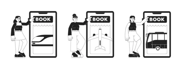 チケットオンラインアプリモノクロコンセプトベクトルイラストセット Web Uiデザイン用の編集可能な2DフラットBw漫画のキャラクター 乗客の手は英雄のイメージパックを描いた Jost Explaboldフォント使用 — ストックベクタ
