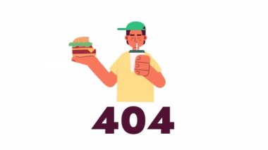 Fast food 404 hata animasyonu yiyor. Fast food restoranında genç. Boş eyalet 4K video konsept görüntüleri alfa kanal şeffaflığı ile. UI, UX web tasarımı için renkli sayfa flaş ileti bulunamadı