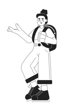 Sırt çantası monokromatik düz vektör karakteriyle gezen kadın yürüyüşçü. Mezuniyet gezisi. Düzenlenebilir ince çizgi, beyaz üzerine tam vücut insan. Web grafik tasarımı ve animasyonu için basit bw çizgi film nokta resmi