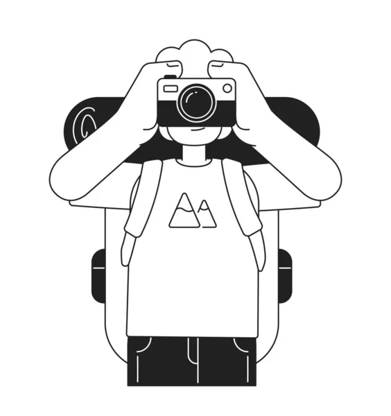 男性観光客は インスタントカメラモノクロフラットベクトル文字で写真を撮る 編集可能な白の細い線の半分の体の人 ウェブグラフィックデザイン アニメーションのためのシンプルなBw漫画のスポット画像 — ストックベクタ