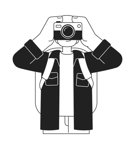 男性旅行者の写真を撮るときに観光モノクロフラットベクトル文字 編集可能な白の細い線の半分の体の人 ウェブグラフィックデザイン アニメーションのためのシンプルなBw漫画のスポット画像 — ストックベクタ