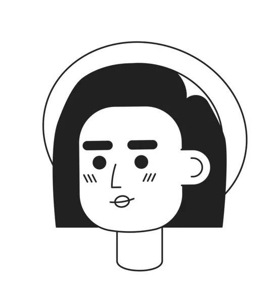 年轻女性旅行者头戴草帽单色扁平矢量头 可编辑的黑色白色卡通片面对情感 手绘线墨点画 用于网页平面设计 动画制作 — 图库矢量图片