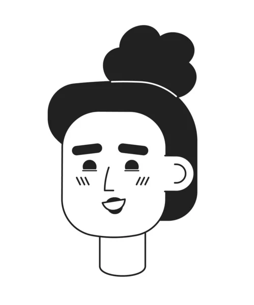 快乐的女人与高凌乱卷曲包单色平面矢量头 可编辑的黑色白色卡通片面对情感 手绘线墨点画 用于网页平面设计 动画制作 — 图库矢量图片