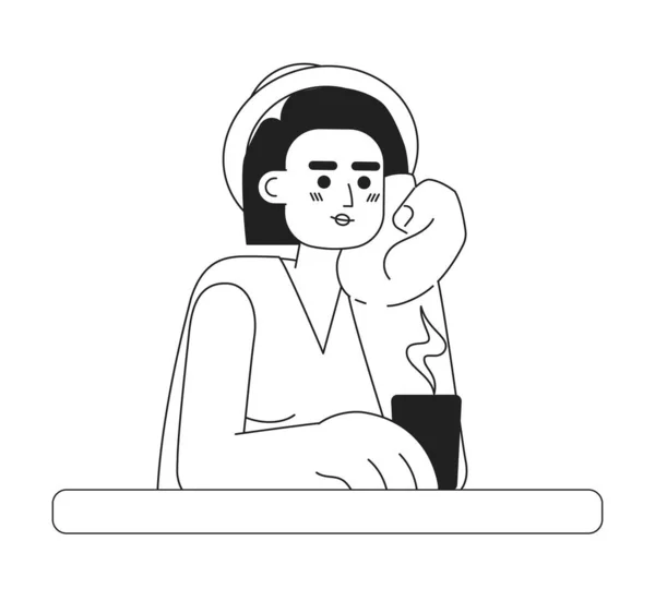 Traveler Sitting Hand Cheek Drinking Tea Monochromatic Flat Vector Character — Stock Vector