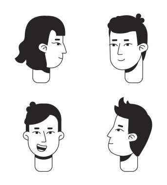 İş temsilcileri bw vektör karakter başlıkları ayarlandı. Genç girişimciler var. Düzenlenebilir basit ana karakter simgeleri. Çizgi film tarzı benek çizimleri web grafik tasarımı ve animasyonu için paketlenir
