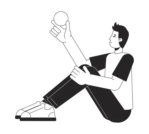 思考男は手のフラットライン黒白ベクトル文字でボールと座っている 編集可能な隔離されたアウトラインフルボディの人 ウェブグラフィックデザイン アニメーションのためのシンプルな漫画スタイルのスポットイラスト — ストックベクタ