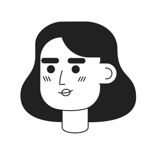 具有短蓬松波浪式单色扁平矢量人头的女士 可编辑的黑色白色卡通片面对情感 手绘线墨点画 用于网页平面设计 动画制作 — 图库矢量图片