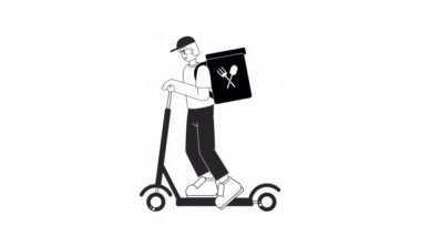 Scooter BW animasyonuyla yemek teslimatı. Sırt çantasına binen hızlı yemek kuryesi 2D düz tek renkli ince çizgi karakteri 4K video görüntüsü beyaz üzerine, web tasarımı için alfa kanal şeffaflığı ile.