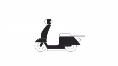 Animasyon bw elektrikli moped. Web tasarımı için siyah beyaz çizgi simgesi 4K video görüntüsü. İzole edilmiş monokromatik düz nesne animasyonu için alfa kanal şeffaflığı ile günlük taşıma
