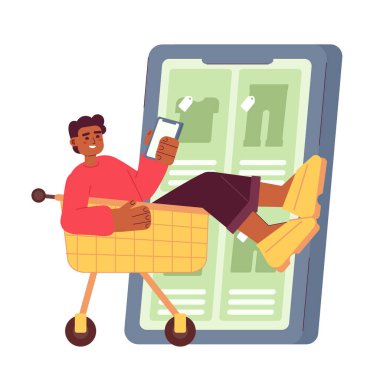 Çevrimiçi alışverişçi moda kıyafetleri satın alıyor konsept düz konsept nokta illüstrasyonu. Web UI tasarımı için düzenlenebilir 2D çizgi film karakteri. Alışveriş arabasındaki adamın elinde akıllı telefon yaratıcı kahraman imajı var.