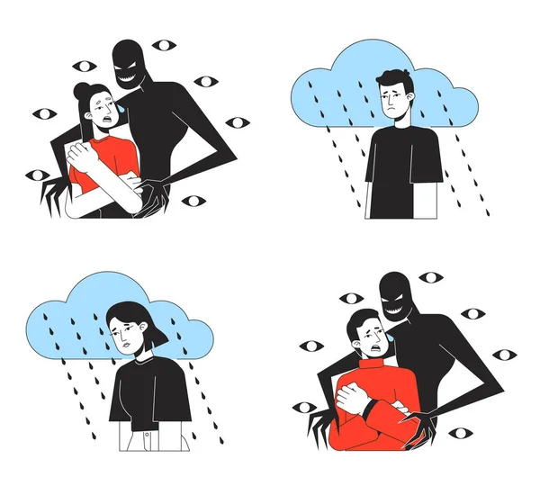 Maladies Mentales Plat Concept Vectoriel Spot Illustration Set Déprimé Personnages — Image vectorielle