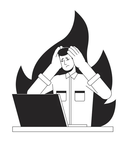 ジョブバーンアウトBwのコンセプトベクトルスポットイラスト 仕事でノートパソコンでストレスの従業員2D漫画フラットラインは WebアプリのUiデザインのためのモノクローム文字 排気編集可能なアウトラインヒーローイメージ — ストックベクタ