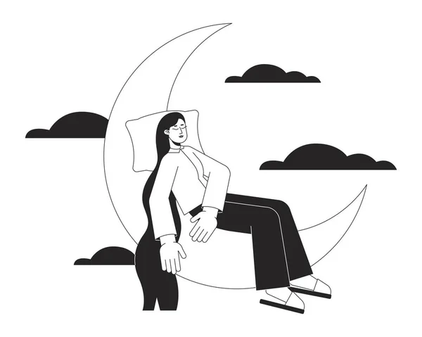 健康な睡眠衛生Bwコンセプトベクトルのスポットイラスト 三日月形の2D漫画のフラットラインの単色文字の上に昼寝女性アプリUiデザインのために 精神的な幸福編集可能なアウトラインヒーローイメージ — ストックベクタ