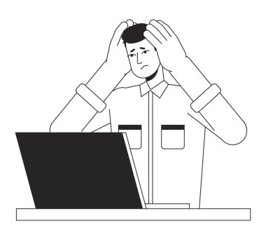 Elleriyle başını tutup dizüstü bilgisayara bakan siyah beyaz vektör karakteri. Düzenlenebilir izole edilmiş taslak kişi. Web grafik tasarımı ve animasyonu için basit çizgi film tarzı benek çizimi