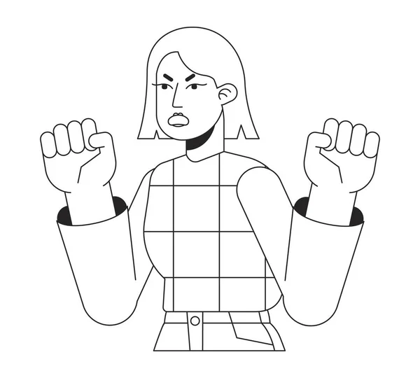 Femme Stressée Avec Des Problèmes Colère Ligne Plate Noir Blanc — Image vectorielle