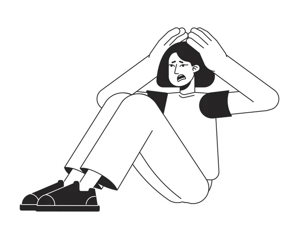 Shocked Girl Sitting Holding Head Flat Line Black White Vector — Stock Vector
