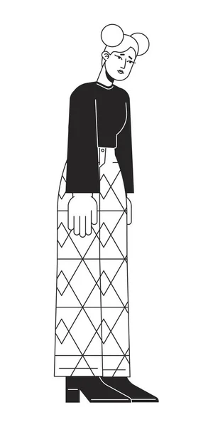可悲的女孩 带着太空包 低着头垂下扁平的黑白相间的矢量人物 可编辑的孤立轮廓全身人面像 用于网页平面设计 动画的简单卡通风格点画 — 图库矢量图片