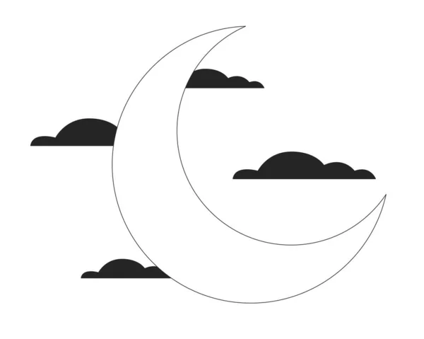 Crescent Moon Black Clouds Flat Line Black White Vector Object — Stock Vector