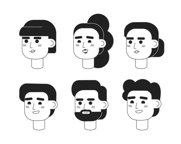 快適な満足男性は 女性の単色フラットベクトル文字のヘッドセット 編集可能な黒の白の漫画の顔の感情 手描き線形インクスポットイラストパック用Webグラフィックデザイン アニメーション — ストックベクタ