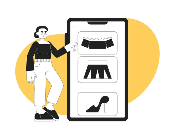 女性服装网上购物单色概念矢量点画 可编辑2D平面Bw卡通人物为Webui设计 在彩色背景下选择手机手绘英雄形象的服装 — 图库矢量图片