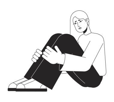 Üzgün kız dizlerinin üstüne çöküp siyah beyaz vektör karakterine sarılıyor. Düzenlenebilir izole edilmiş dış hatlar, tam vücut insan. Benlik, web grafik tasarımı ve animasyon için basit çizgi film tarzı benek illüstrasyonunu yatıştırır