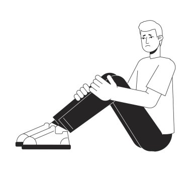 Depresyonda olan bir adam oturuyor ve bacaklarını düz çizgide tutuyor. Siyah beyaz vektör karakteri. Düzenlenebilir izole edilmiş dış hatlar, tam vücut insan. Web grafik tasarımı ve animasyonu için basit çizgi film tarzı benek çizimi