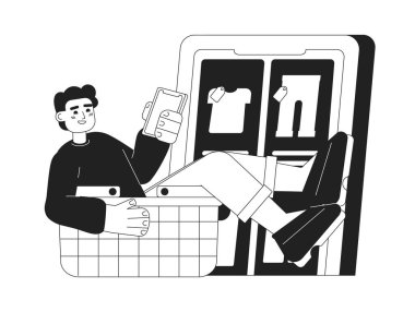 Çevrimiçi alışverişçi kıyafet uygulaması monokrom konsept vektör illüstrasyonunu kontrol ediyor. Web UI tasarımı için düzenlenebilir 2D düz bw çizgi film karakteri. Alışveriş sepetinde telefonla konuşan adam kahraman imajı çizdi.