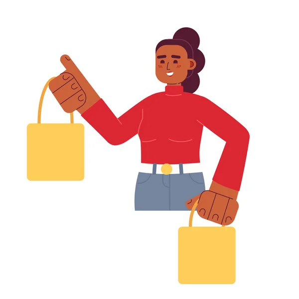 满意的女人与购物袋半平面彩色矢量字符 服装精品店 可编辑的半身白种人 用于网页平面设计和动画的简单卡通画 — 图库矢量图片