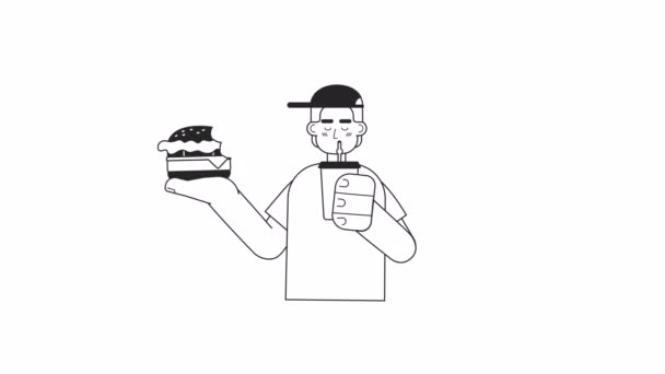 青少年喜欢吃生动活泼的食物 男生饮用芝士汉堡分离2D平面单色细线字符4K视频镜头白色与阿尔法通道透明度网页设计 — 图库视频影像