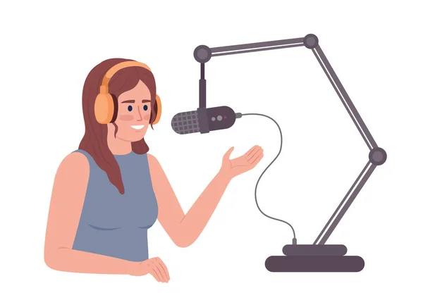 Ayarlanabilir Mikrofon Standına Konuşan Kadın Yarı Düz Renk Vektör Karakteri — Stok Vektör
