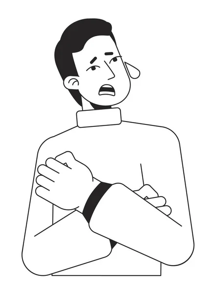 Hombre Estresado Abrazándose Llorando Línea Plana Negro Blanco Vector Carácter — Vector de stock